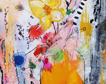 Print of "Happy", original (sold) mixed media paper collage painting , vibrant abstract flowers in vase on matte photo paper