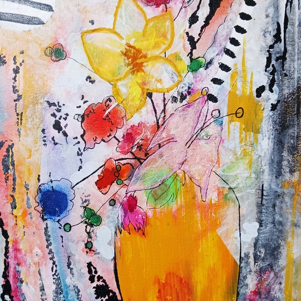 Print of "Happy", original (sold) mixed media paper collage painting , vibrant abstract flowers in vase on matte photo paper