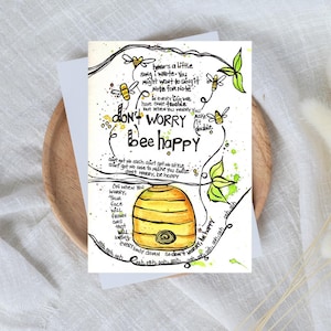 Bee Happy wunderliche 5 x 7-Zoll-Karte digitaler Download, enthält A7-Umschlag, Originalkunstwerkdesign, Bienenbienenstock, Musikliebhaber, Ermutigung