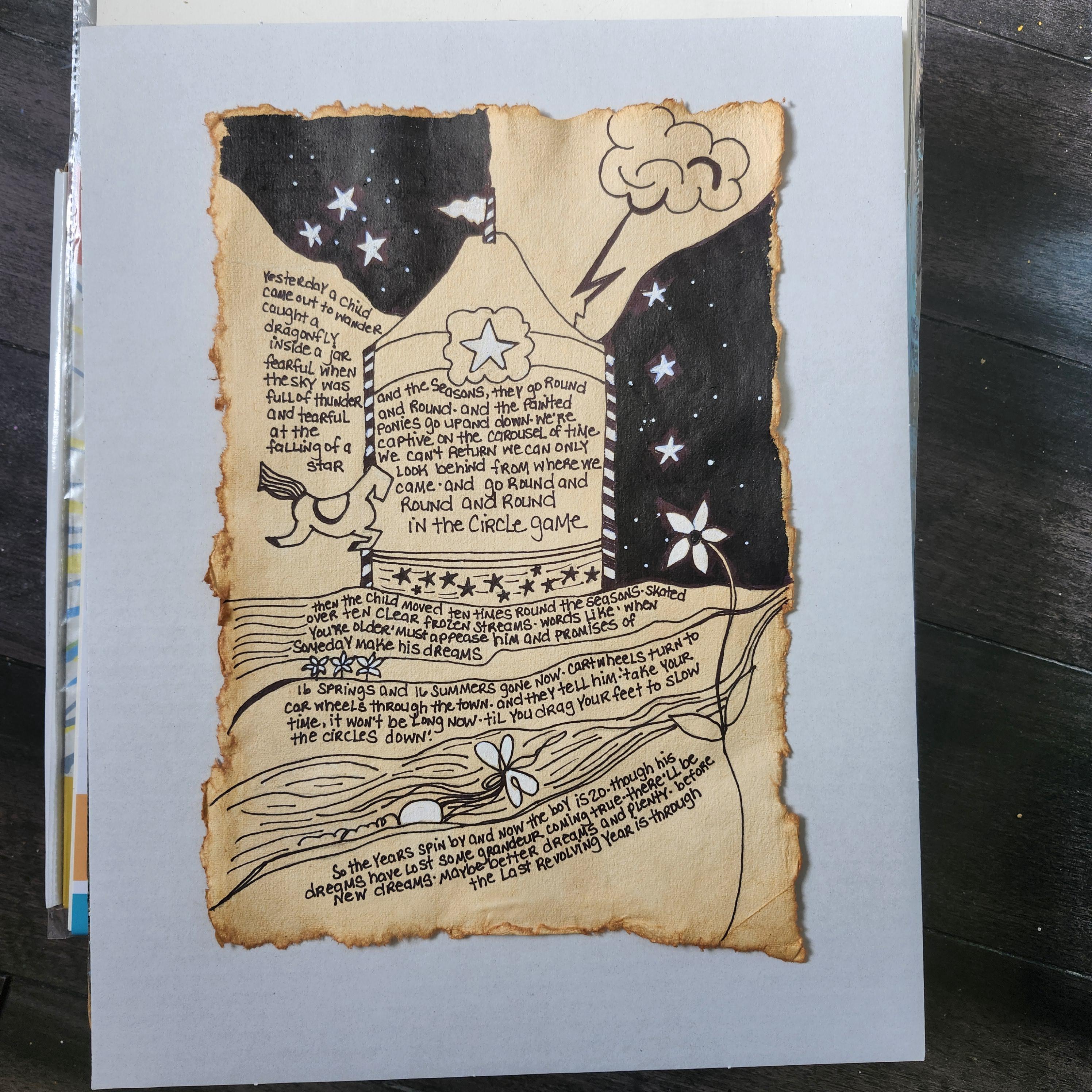 Song Lyrics Wall Art Original Pen Drawing on Textured Handmade