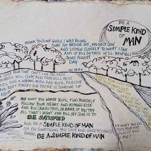 Song lyrics wall art original pen drawing on textured handmade paper,Skynyrd simple kind of man,home decor gift for classic rock music lover