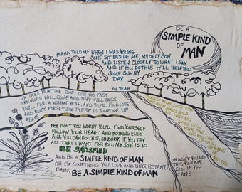 Song lyrics wall art original pen drawing on textured handmade paper,Skynyrd simple kind of man,home decor gift for classic rock music lover