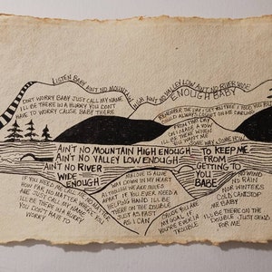Song lyrics wall art original pen drawing on textured paper,ain&#39;t no mountain high enough. marvin gaye tammy terrell, OOAK music lover gift