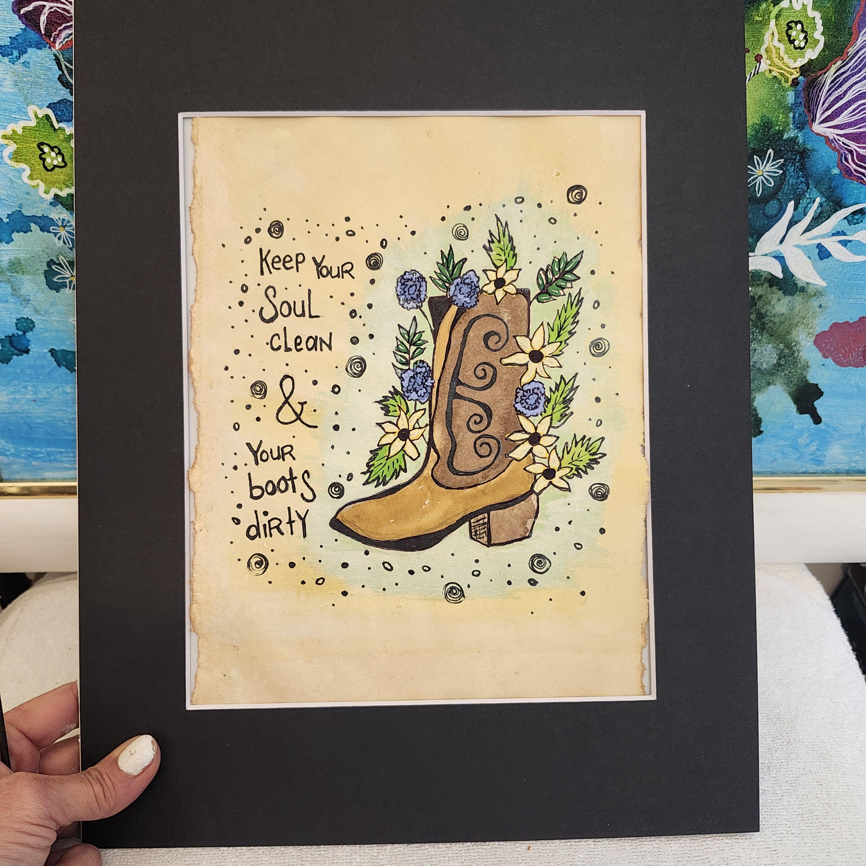 Country Western Floral Boots Painting: Handmade Ink & Watercolor Art (11x14 with Mat)