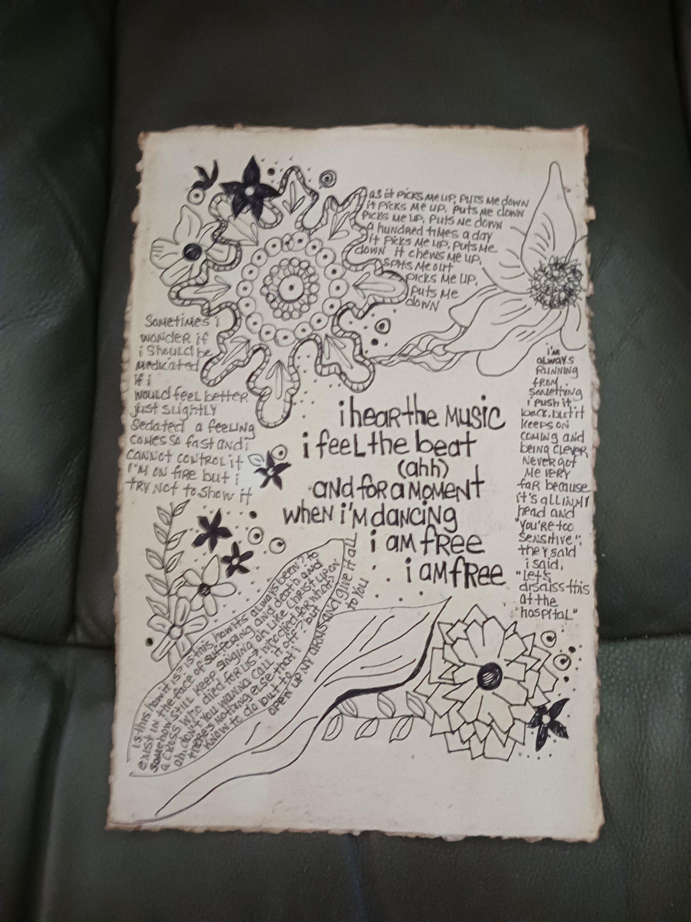 Song Lyrics Wall Art Original Pen Drawing on Textured Handmade