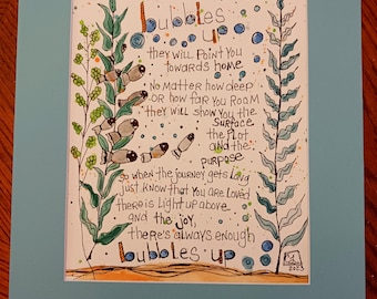 Bubbles Up jimmy buffett watercolor painting with ink  on heavy watercolor paper with blue mat, original design, gift for music lover