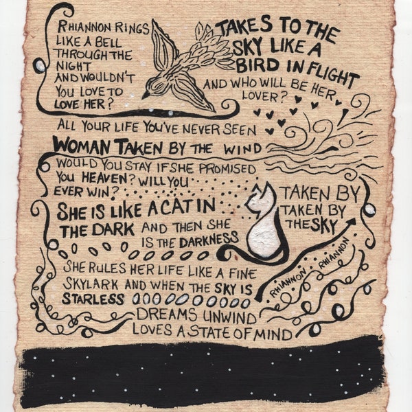 Original pen and ink, Rhiannon song lyric art drawing on handmade textured paper, music lyric art, Fleetwood Mac and stevie nicks
