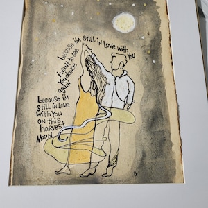 ハーベストムーンの歌詞ウォールアート、水彩画の手作り紙にペンとインクで描いたオリジナルの絵、ロマンチックなカップルの音楽愛好家へのギフト