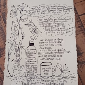 Jimmy Buffett song lyrics wall art original pen drawing on textured handmade paper, tin cup chalice, home decor gift for music lover