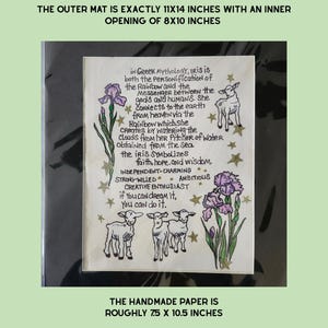 May include: A decorative print on paper featuring text about Iris in Greek mythology, illustrated with purple iris flowers, lambs, and gold stars. The outer mat is 11x14 inches with an 8x10 inch opening. The paper is 7.5x10.5 inches, protected in a sleeve.