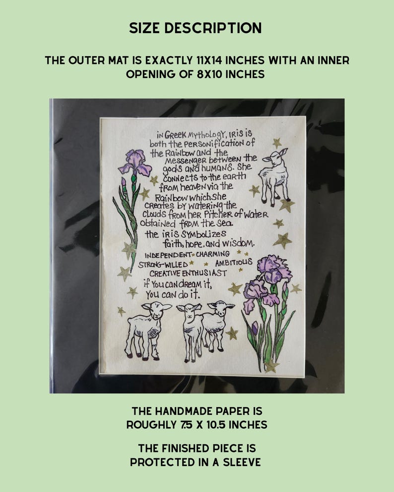 May include: A decorative print on paper featuring text about Iris in Greek mythology, illustrated with purple iris flowers, lambs, and gold stars. The outer mat is 11x14 inches with an 8x10 inch opening. The paper is 7.5x10.5 inches, protected in a sleeve.