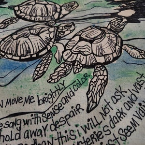 Op de afbeelding: Een inkt- en aquarelillustratie van drie zeeschildpadden die in blauw en groen water zwemmen. Het kunstwerk bevat handgeschreven tekst: move me brightly, the song with sense and color, hold away despair, than this i will not ask, mysteries dark and vast, just seem void.
