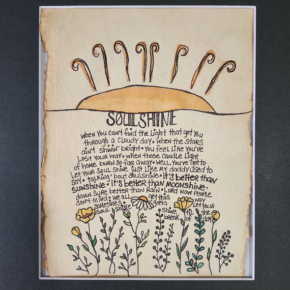 Soulshine landscape wall art ORIGINAL ink pen & watercolor drawing on handmade textured paper, home decor song/music lyric art gift