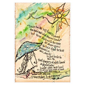 Tarjeta de felicitación arcoíris con sobre - Arte original de técnica mixta de 13 x 18 cm - Regalo de ánimo para un amigo - Arte musical con letras