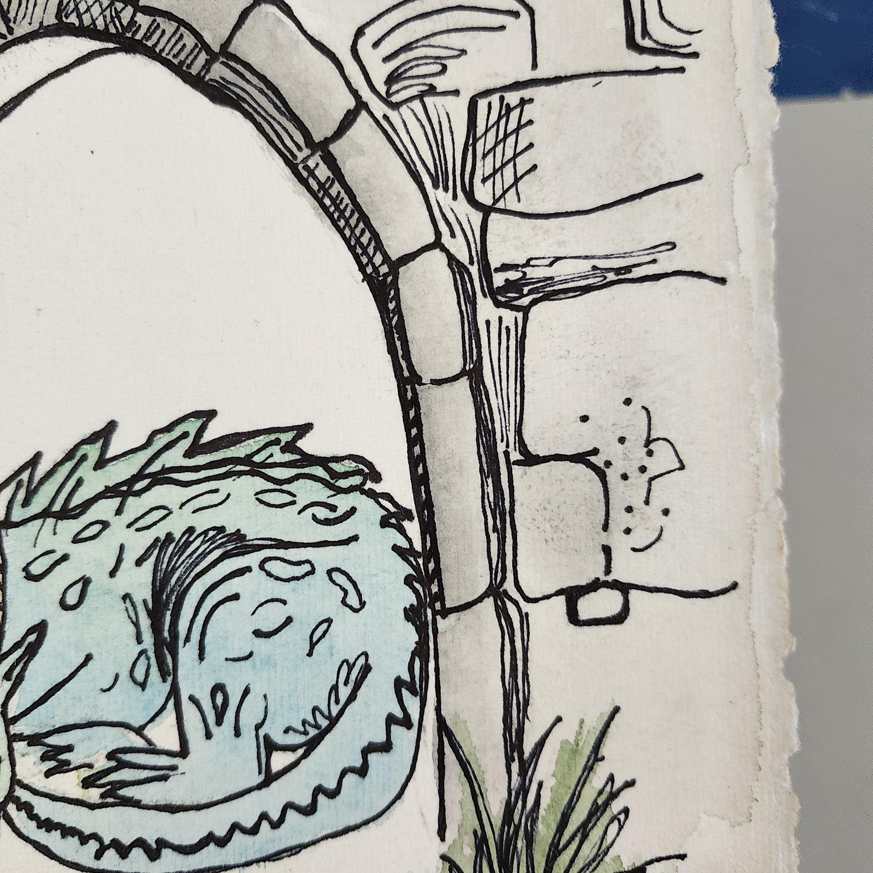 Original Ink Drawing Dragon Art, Watercolor on Handmade Paper (matted ...