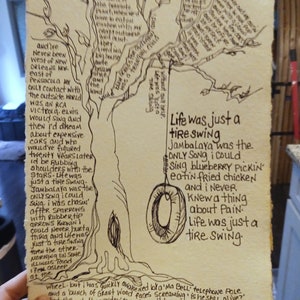 Song lyrics wall art original pen drawing on handmade paper, Jimmy Buffett Life was just a tire swing, home decor gift for music lover