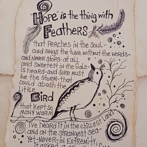 Emily Dickinson Poem Art: Hope is the Thing with Feathers, Original Ink Drawing
