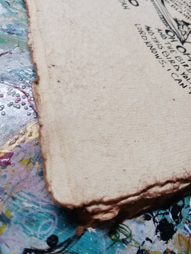 May include: A piece of off-white, textured paper with a rough, deckled edge. The paper features black printed text that reads, "OH OH AND THIS BIRD, YOU LORD KNOWS, I CAN'T". The surface of the paper has a visible grain and a fibrous appearance.