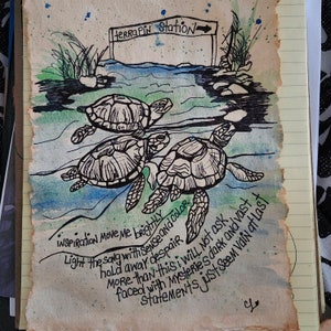 Op de afbeelding: Een aquarel- en inktillustratie op getextureerd papier met drie zeeschildpadden die in blauw en groen water zwemmen. Een bord toont Terrapin Station met een pijl. Handgeschreven songteksten bevatten onder andere Inspiration move me brightly.