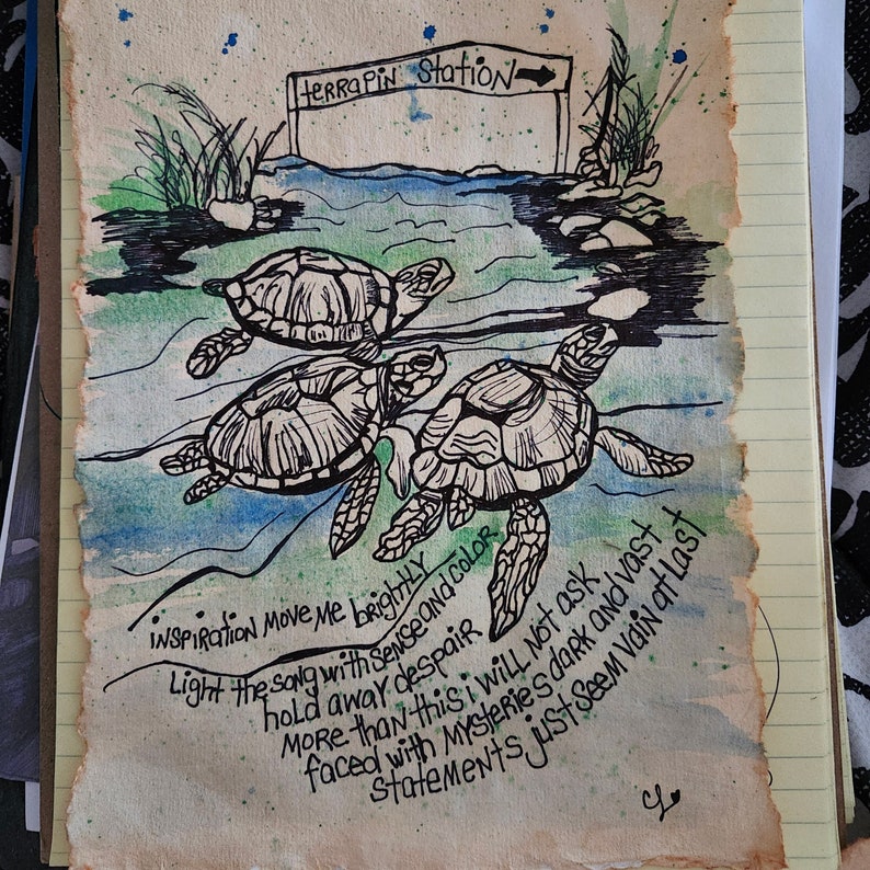 Op de afbeelding: Een aquarel- en inktillustratie op getextureerd papier met drie zeeschildpadden die in blauw en groen water zwemmen. Een bord toont Terrapin Station met een pijl. Handgeschreven songteksten bevatten onder andere Inspiration move me brightly.