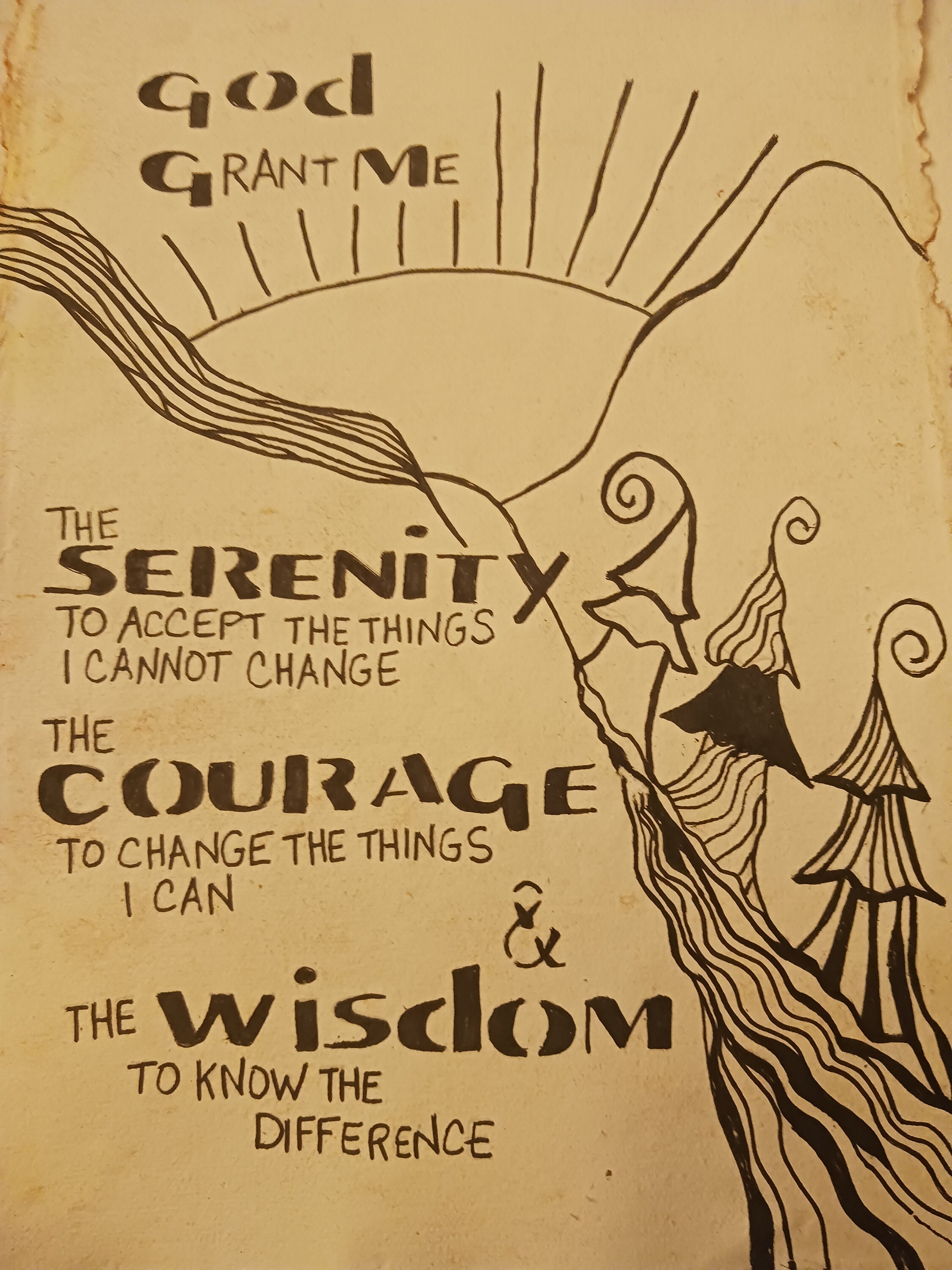 Serenity Prayer Art: Original Ink Drawing on Handmade Paper