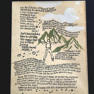 May include: Hand-painted artwork on textured paper. The image features a figure with outstretched arms, mountains, and handwritten text. The artwork has a vintage aesthetic with a beige background and black ink.