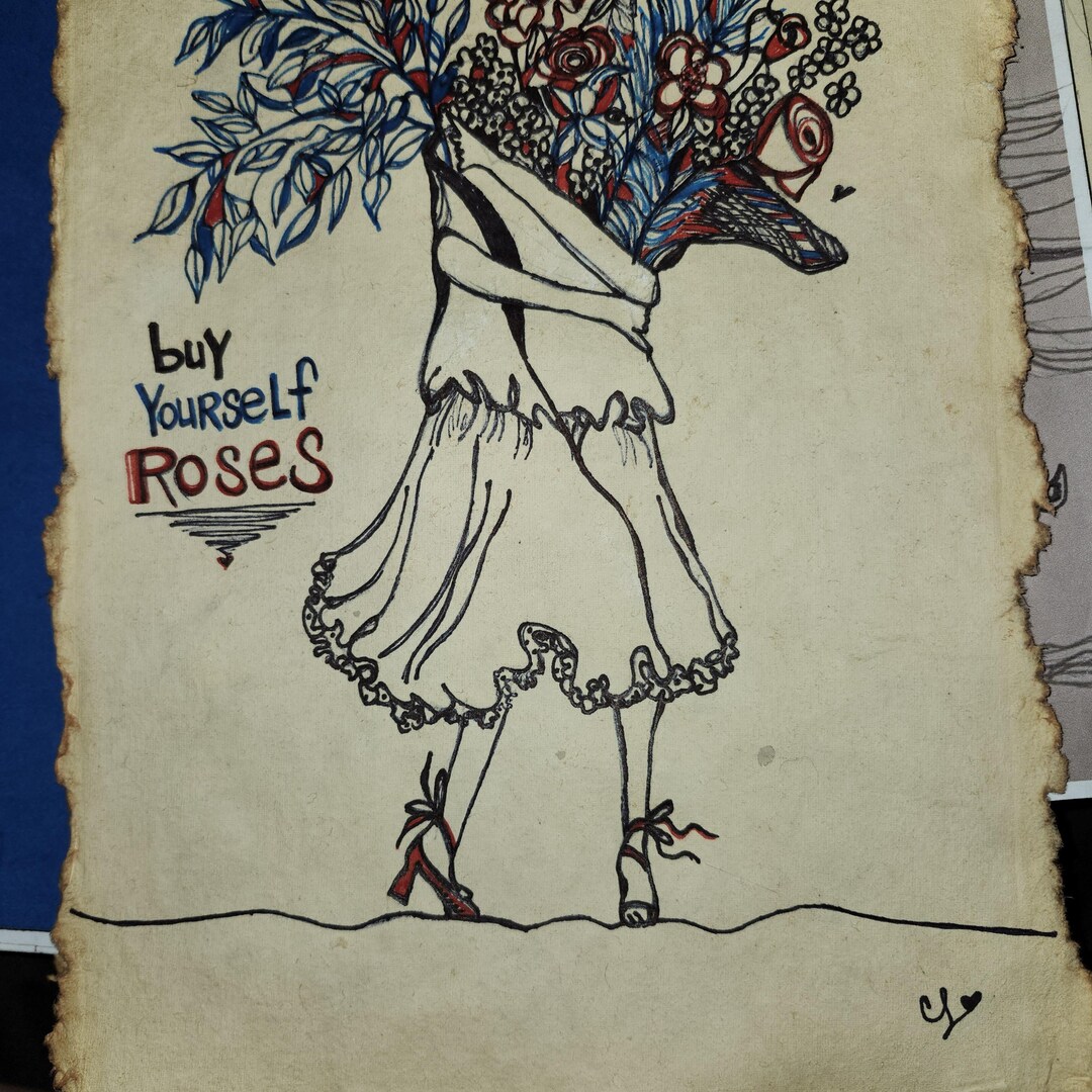 Original Roses Ink Drawing: Woman Floral Art on Handmade Paper Etsy