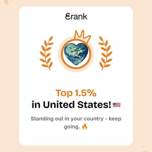 May include: A white rectangular graphic featuring the text Erank at the top, a heart-shaped Earth icon with a crown and laurel leaves, and the text Top 1.5% in United States! with a US flag emoji, followed by Standing out in your country - keep going.