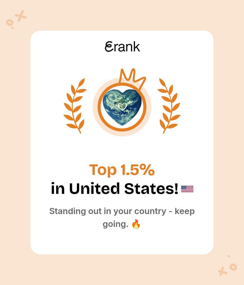 May include: A white rectangular graphic featuring the text Erank at the top, a heart-shaped Earth icon with a crown and laurel leaves, and the text Top 1.5% in United States! with a US flag emoji, followed by Standing out in your country - keep going.