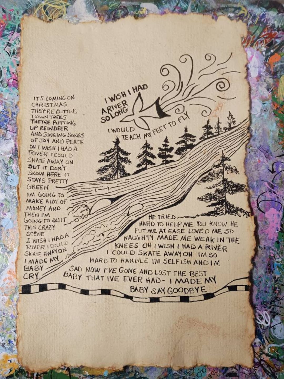 Song Lyrics Wall Art Original Pen Drawing on Textured Handmade