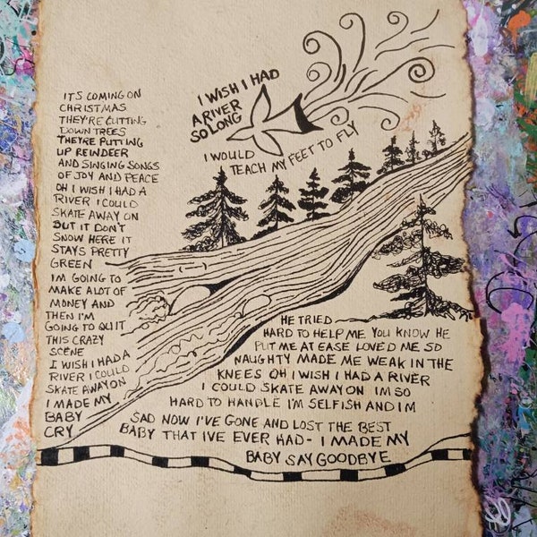 NOT a print, River Joni Mitchell song lyric wall art drawing on paper, original music lyric art music lover gift