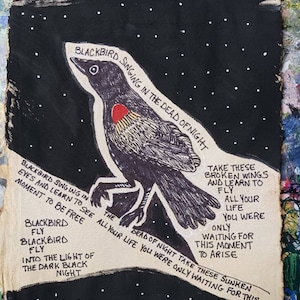 Song lyrics wall art original pen drawing on textured handmade paper, Blackbird the beatles, home decor gift for classic rock music lover