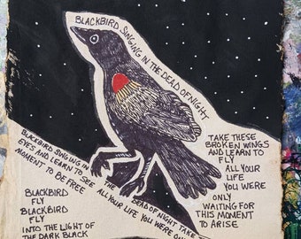 Blackbird Lyrics Art: Original Pen Drawing on Handmade Paper
