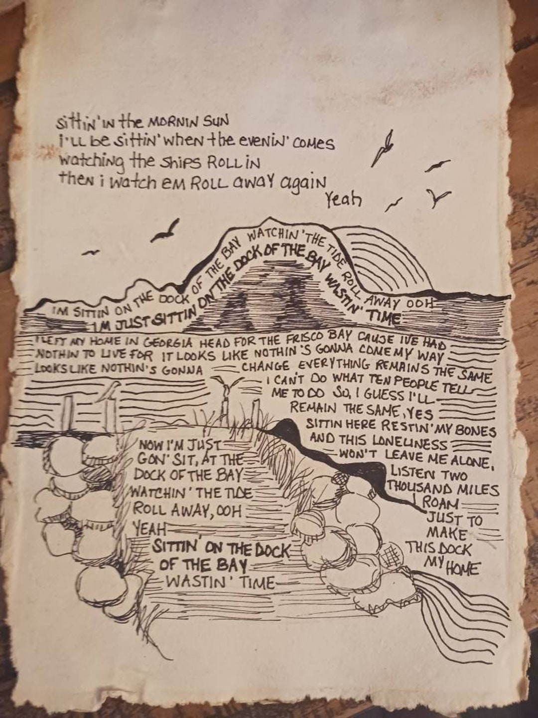 Song Lyrics Wall Art Original Pen Drawing on Textured Handmade