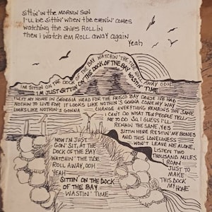 Song lyrics wall art original pen drawing on textured handmade paper, Otis Redding dock of the bay, home decor gift for music lover