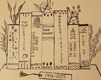 JImmy buffett bookshelf song lyric wall art ORIGINAL drawing on handmade textured paper, music lyric art  and music lover gift