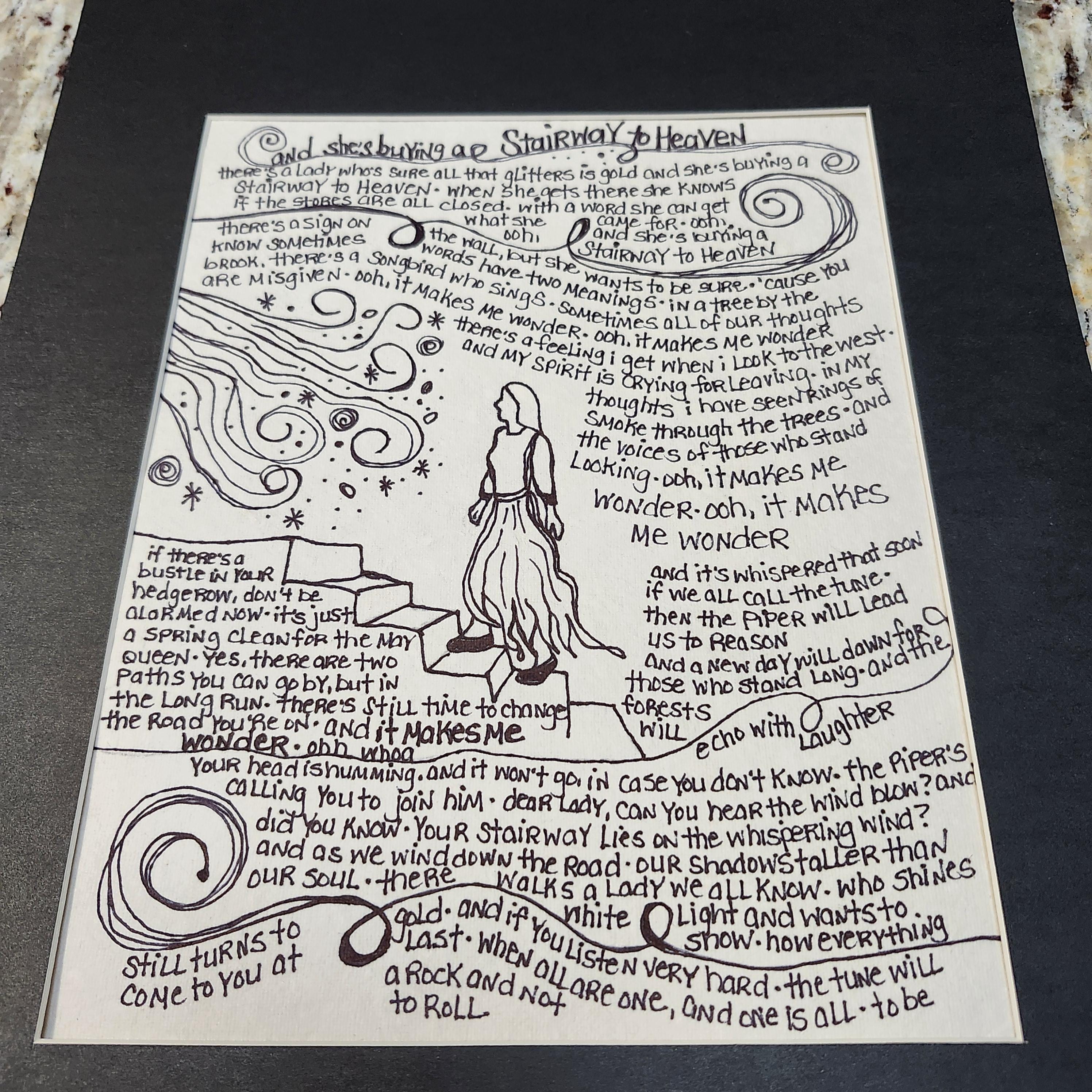 Song Lyrics Wall Art Original Pen Drawing on Textured Cotton Paper