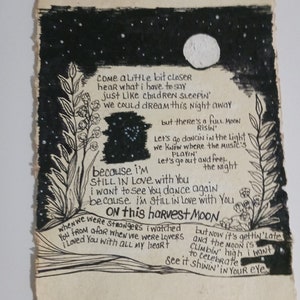 Song lyrics wall art original pen drawing on textured handmade paper, Harvest Moon Neil Young, home decor gift for classic rock music lover