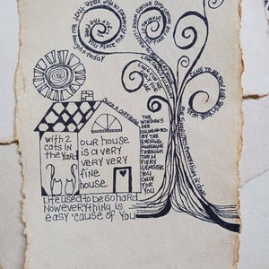 Song lyrics wall art original pen drawing on textured handmade paper, our house is a very fine house, home decor gift for rock music lover