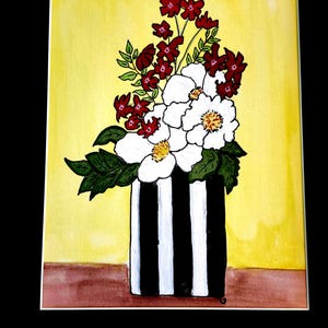 Framed mixed media Floral Painting: Striped Vase, Rich Colors, 11x14 handmade home decor living room wall art, housewarming gift friend