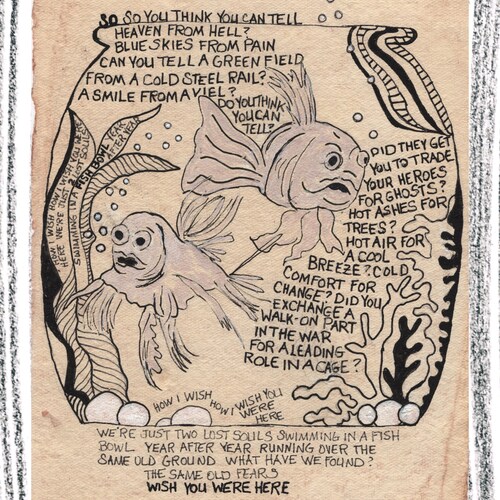 Paroles de chanson art mural dessin original à la plume sur papier fait main, Wish You Were Here Pink Floyd, cadeau de décoration intérieure pour amateur de musique rock classique