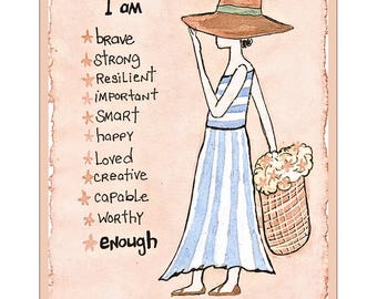 I Am Enough Print: Watercolor and pen drawing affirmation & women's Empowerment Art, Handmade Home Decor wall art gift for her