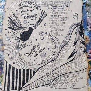 Song lyrics wall art original pen drawing on textured handmade paper, Skynyrd Free Bird landscape, home decor gift for rock music lover