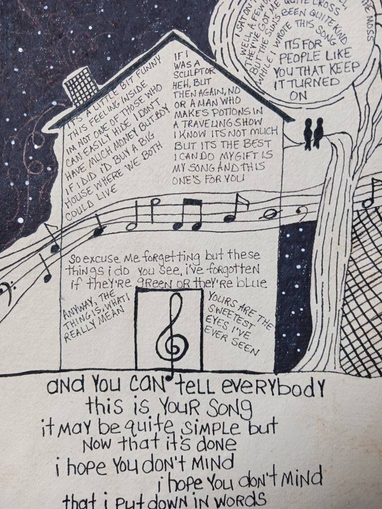 Song Lyrics Wall Art Original Pen Drawing on Textured Handmade