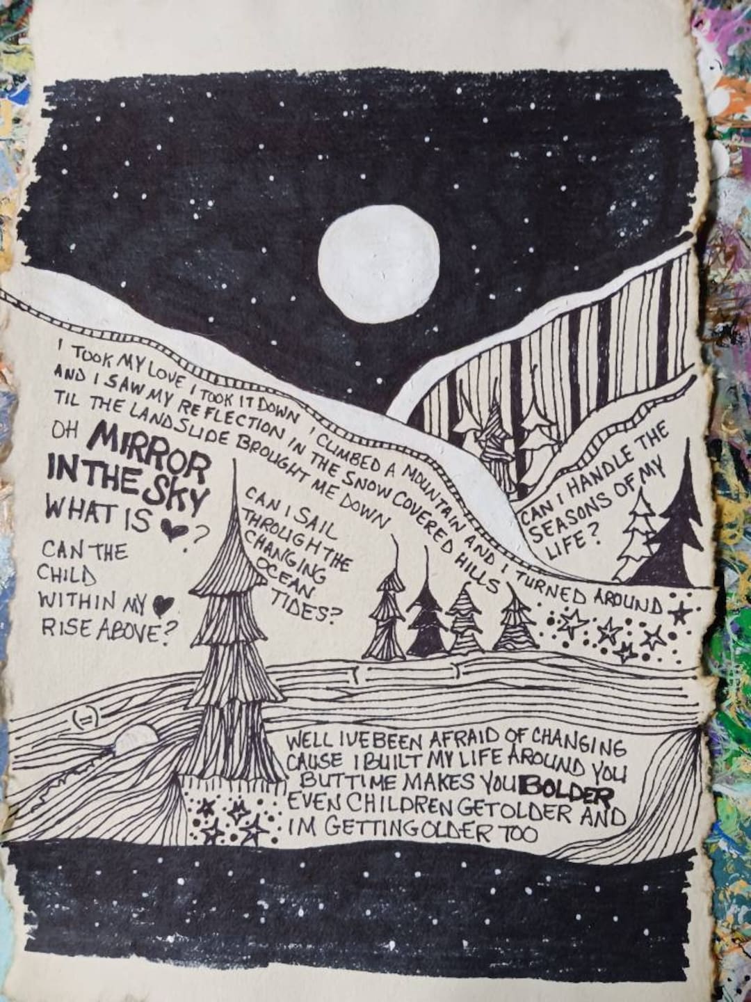 Song Lyrics Wall Art Original Pen Drawing on Textured Handmade