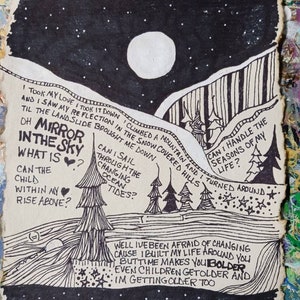 Song lyrics wall art original pen drawing on textured handmade paper, Stevie nicks landslide , home decor gift for classic rock music lover