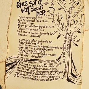 Song lyrics wall art original pen drawing on textured handmade paper, Billy Joel shes got a way about her, home decor gift for music lover