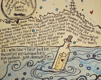 Distantly in love jimmy buffet message in a bottle  wall art ORIGINAL drawing on handmade textured paper, music lyric art gift, NOT a print