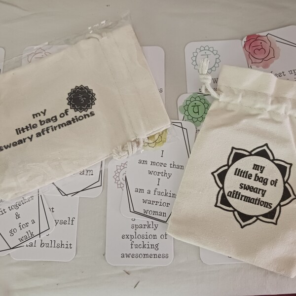 My little bag of sweary affirmations, fun positive cards, gift enclosure add on, set of 16, business sized one sided cards, cute canvas bag