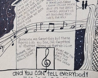 Song Lyrics Wall Art Original Pen Drawing on Textured Handmade